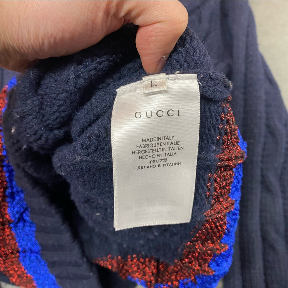 Gucci Cable Knit Cardigan Navy Stripe Trim Lambs Wool Sweater Women’s Large‎ - Picture 4 of 11